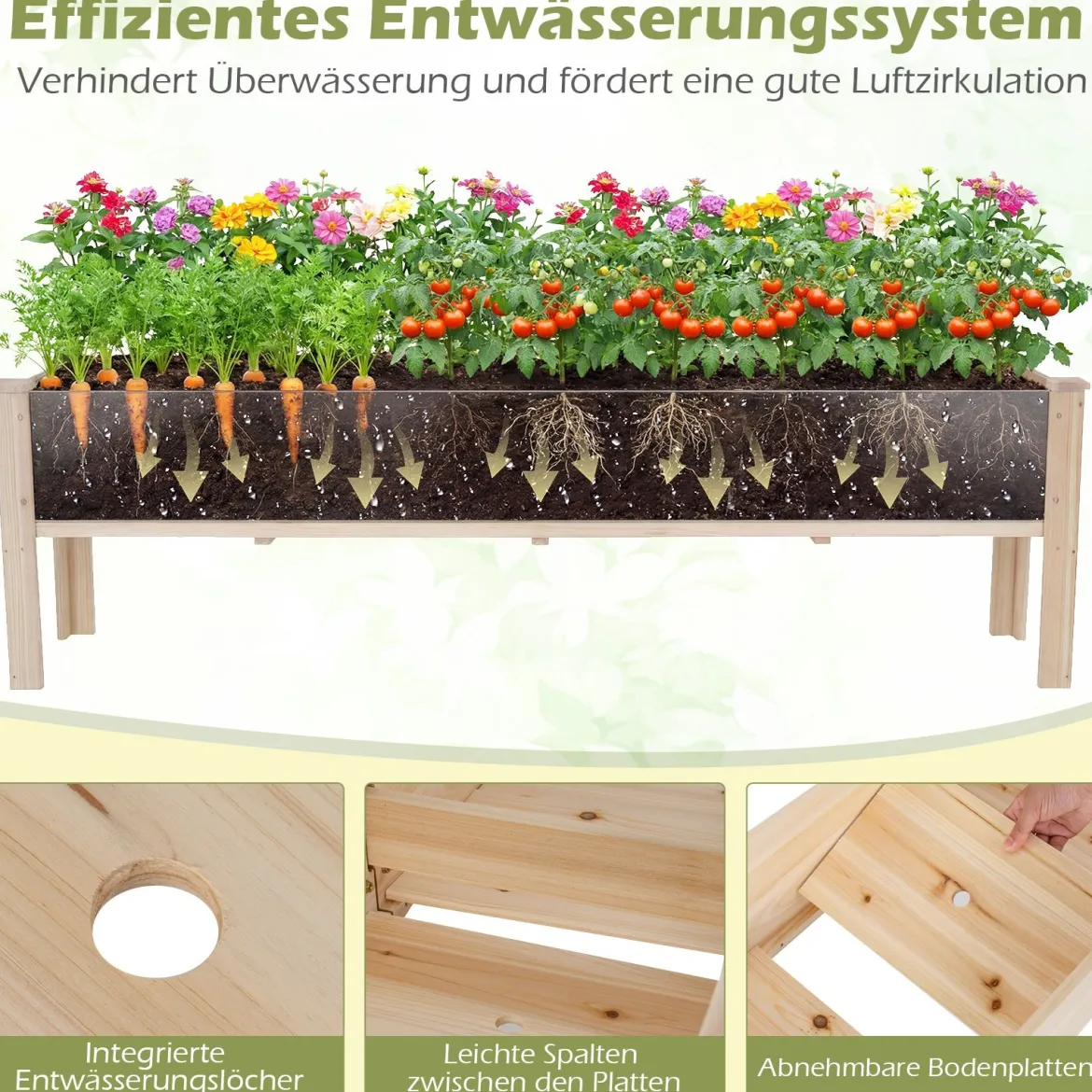 Holz Hochbeet mit Ablauflöchern Pflanzbeet mit 2 Pflanzbereichen Blumenkübel Kräuterbeet Natur