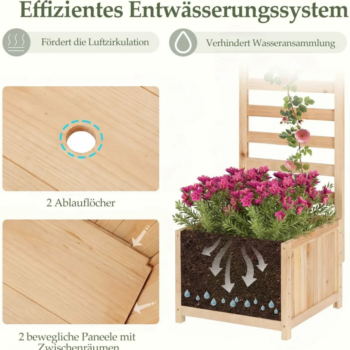 Holz Hochbeet mit Rankgitter für Kletterpflanzen Erhöhter Pflanzkasten mit Ablauflöchern & Öffnungen Natur