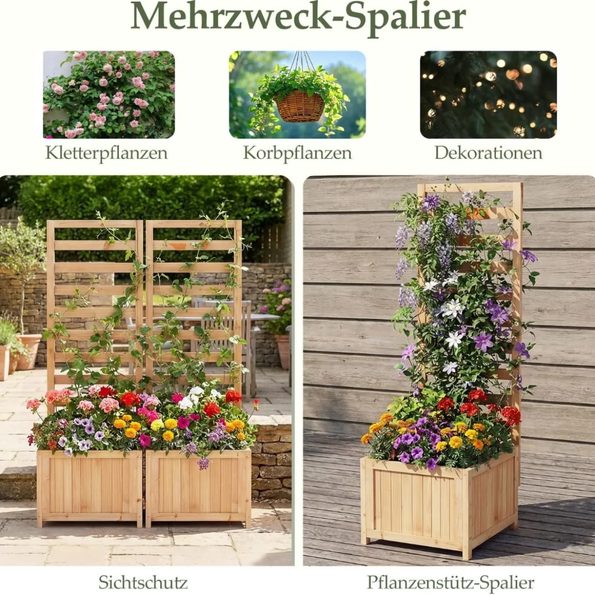 Holz Hochbeet mit Rankgitter für Kletterpflanzen Erhöhter Pflanzkasten mit Ablauflöchern & Öffnungen Natur