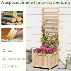 Holz Hochbeet mit Rankgitter für Kletterpflanzen Erhöhter Pflanzkasten mit Ablauflöchern & Öffnungen Natur