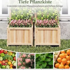 Holz Hochbeet mit Rankgitter für Kletterpflanzen Erhöhter Pflanzkasten mit Ablauflöchern & Öffnungen Natur
