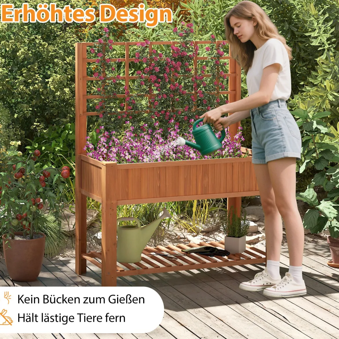 Holz Hochbeet mit Spalier & Ablage Blumenbeet mit Ablauflöchern Gartenbeet Pflanzkasten Braun
