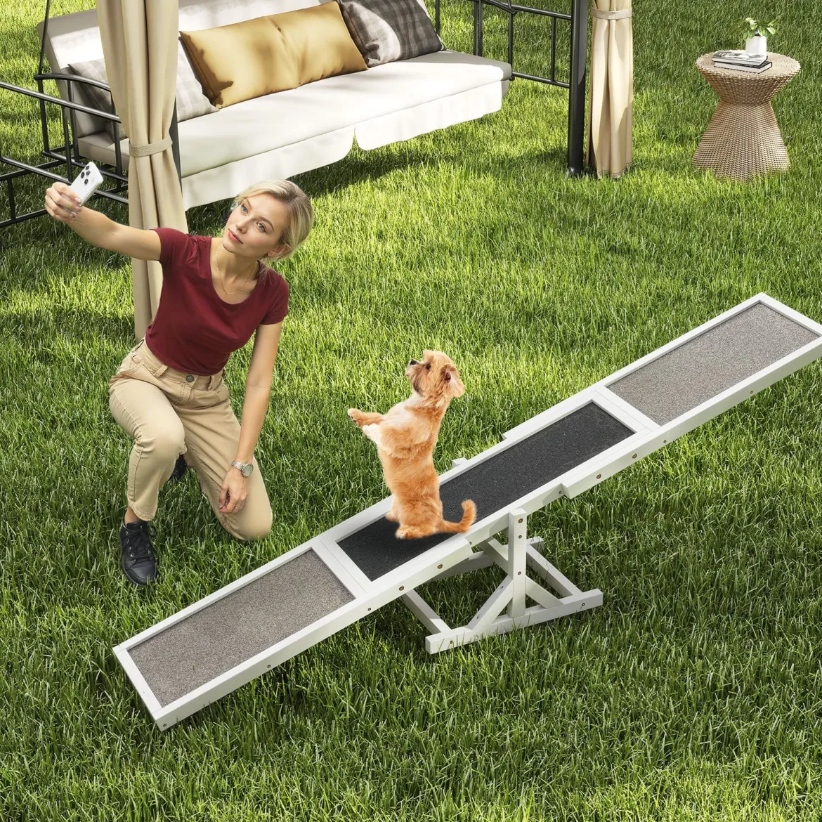 Holz-Hund Agility Wippe Hunde-Übungs- & Spielset Outdoor-Laufspielzeug Kletterplattform Weiß