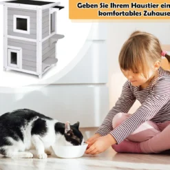 Holz Katzenhaus 2 Ebenen Katzenhütte mit abnehmbarem Zwischenboden Katzenhöhle für draußen und drinnen