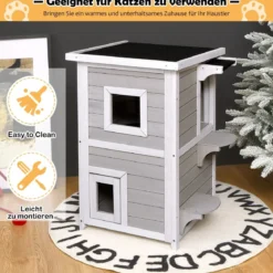 Holz Katzenhaus 2 Ebenen Katzenhütte mit abnehmbarem Zwischenboden Katzenhöhle für draußen und drinnen