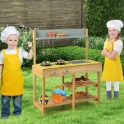 Holzküche im Freien stabile Kinderspielküche mit 3 Haken 2 Herden abnehmbarem Wasserbecken Natur
