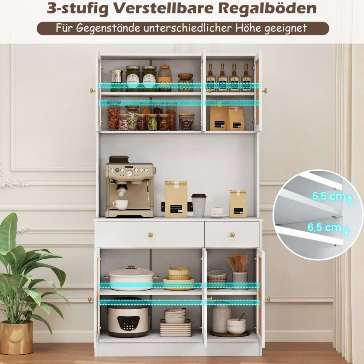 Holz Küchenschrank mit Rattantüren & 2 Steckdosen & 2 USB-Anschlüssen Buffetschrank Weiß