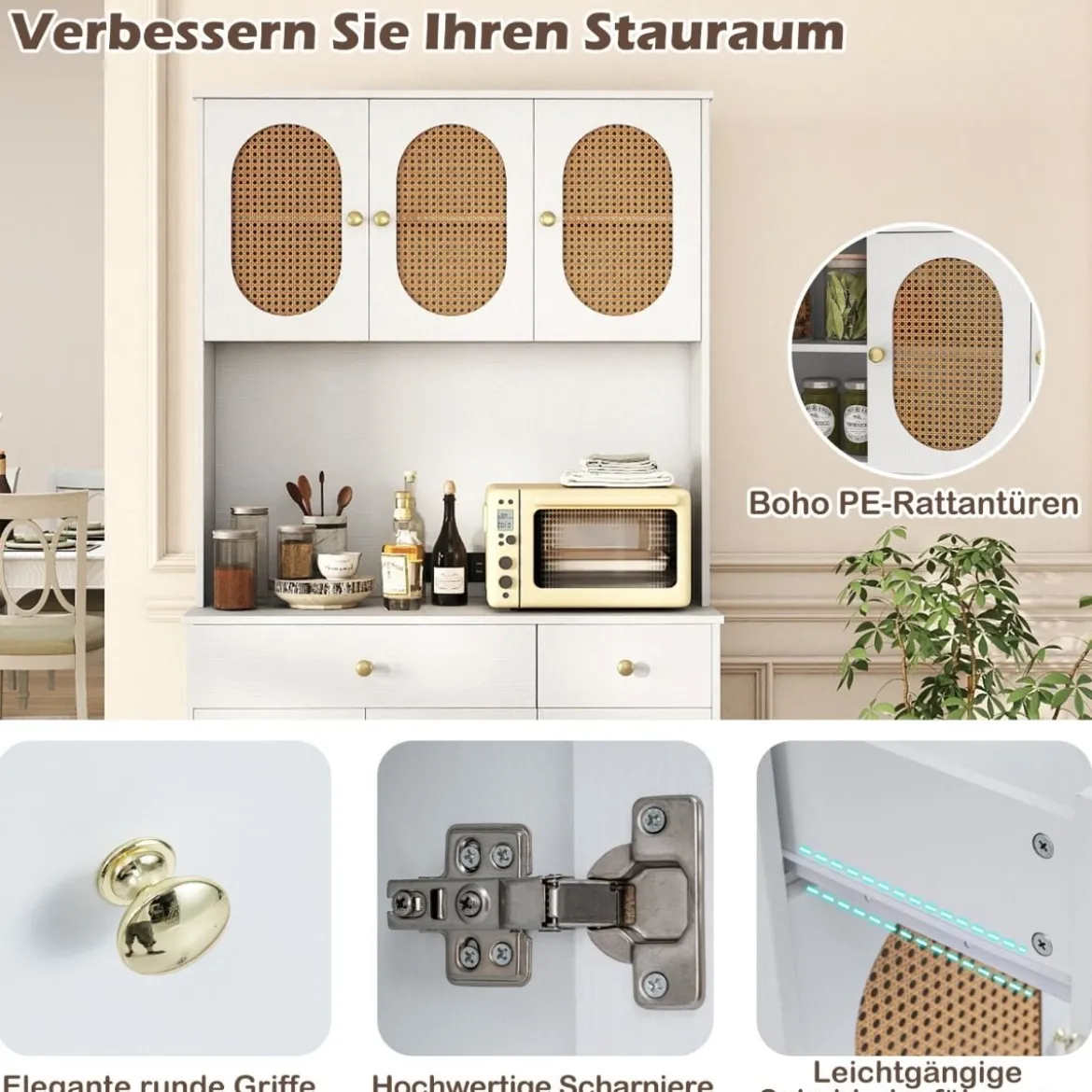 Holz Küchenschrank mit Rattantüren & 2 Steckdosen & 2 USB-Anschlüssen Buffetschrank Weiß