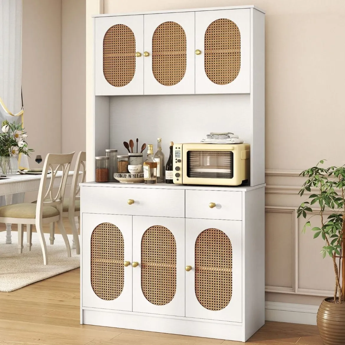 Holz Küchenschrank mit Rattantüren & 2 Steckdosen & 2 USB-Anschlüssen Buffetschrank Weiß