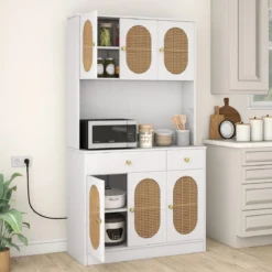 Holz Küchenschrank mit Rattantüren & 2 Steckdosen & 2 USB-Anschlüssen Buffetschrank Weiß