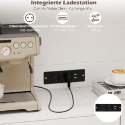 Holz Küchenschrank mit Rattantüren & 2 Steckdosen & 2 USB-Anschlüssen Buffetschrank Weiß