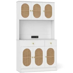 Holz Küchenschrank mit Rattantüren & 2 Steckdosen & 2 USB-Anschlüssen Buffetschrank Weiß