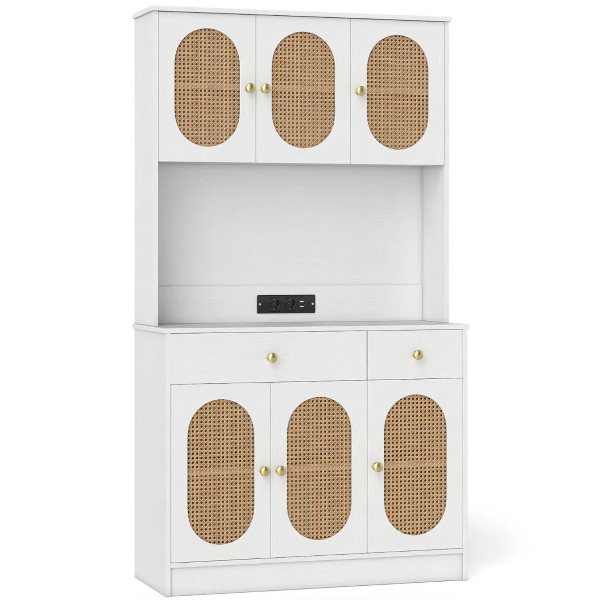 Holz Küchenschrank mit Rattantüren & 2 Steckdosen & 2 USB-Anschlüssen Buffetschrank Weiß