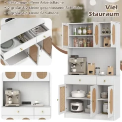 Holz Küchenschrank mit Rattantüren & 2 Steckdosen & 2 USB-Anschlüssen Buffetschrank Weiß