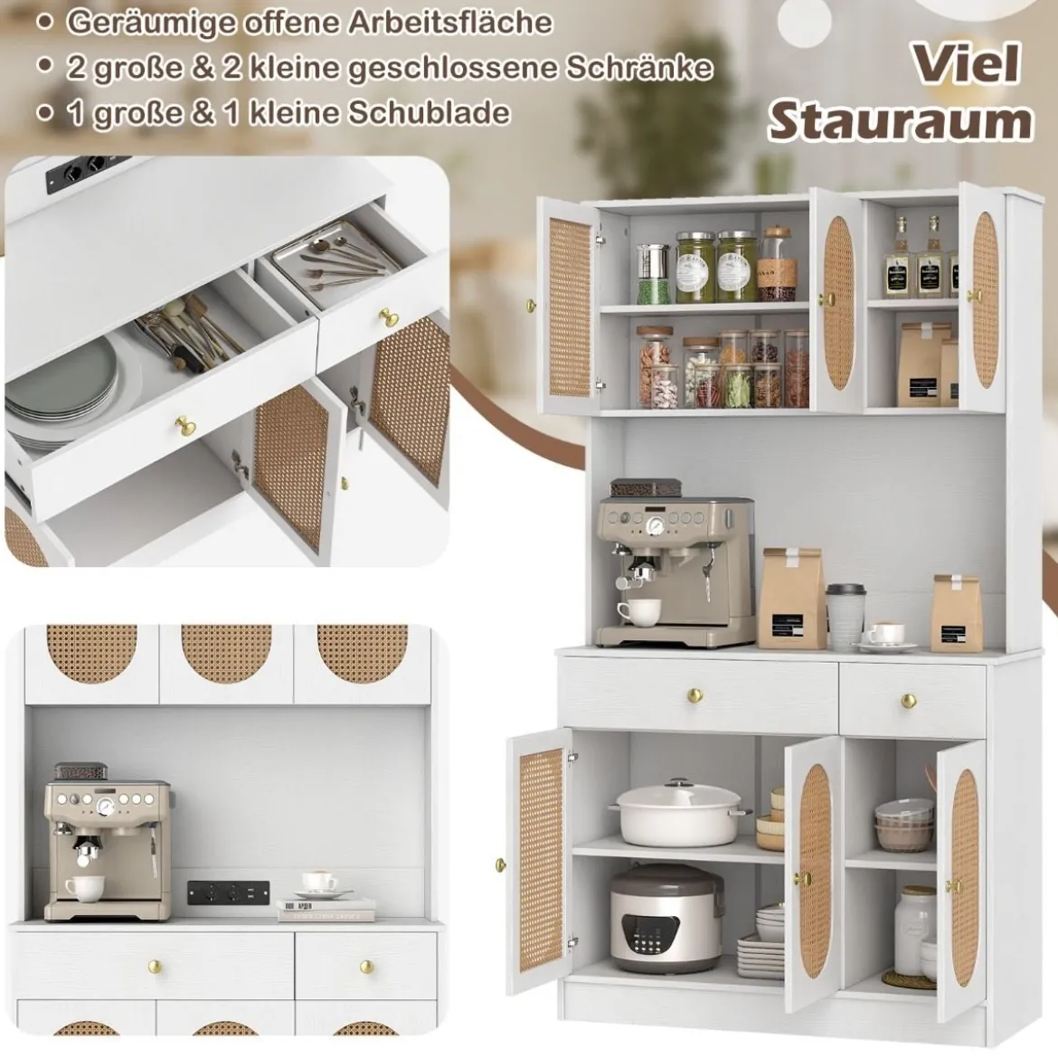 Holz Küchenschrank mit Rattantüren & 2 Steckdosen & 2 USB-Anschlüssen Buffetschrank Weiß