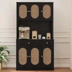 Holz Küchenschrank mit Rattantüren & 2 Steckdosen & 2 USB-Anschlüssen Buffetschrank Schwarz