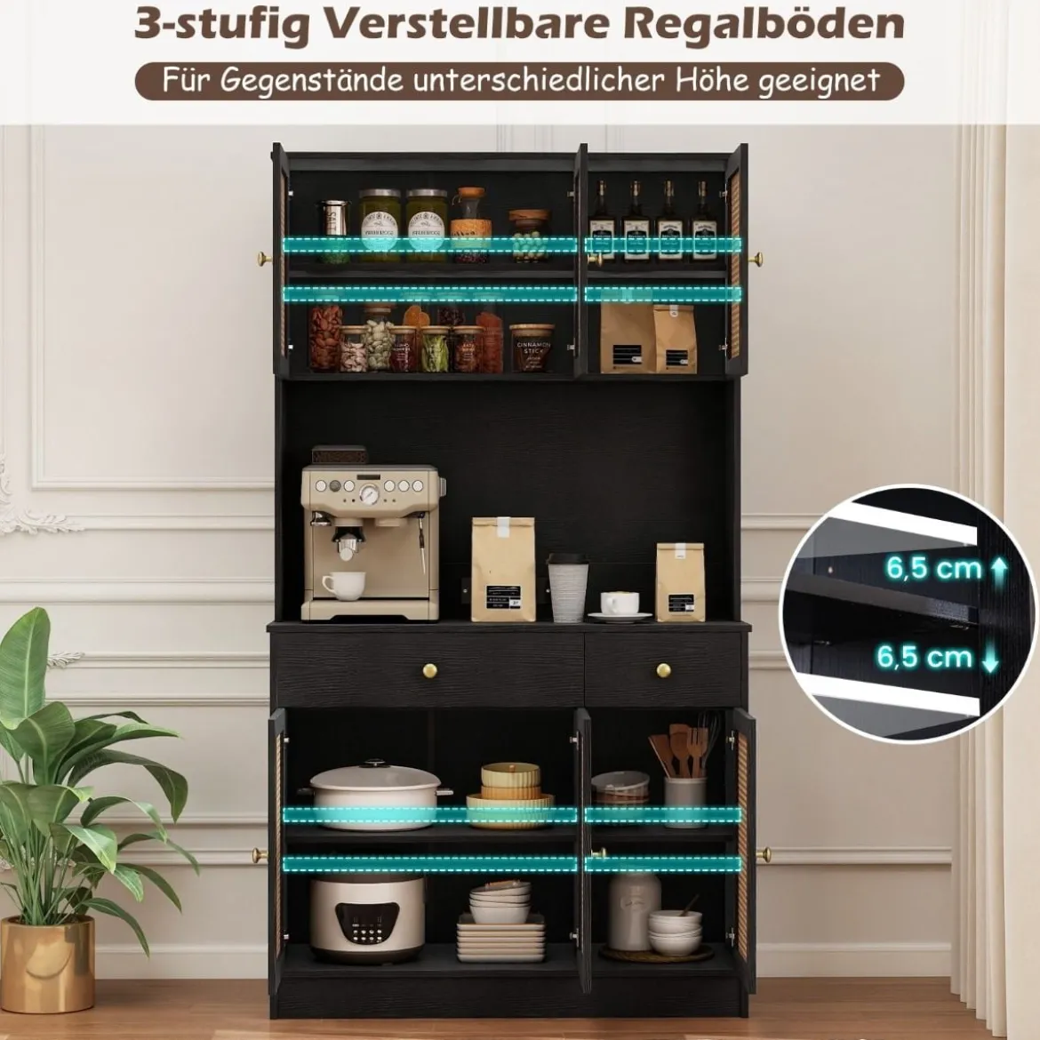 Holz Küchenschrank mit Rattantüren & 2 Steckdosen & 2 USB-Anschlüssen Buffetschrank Schwarz