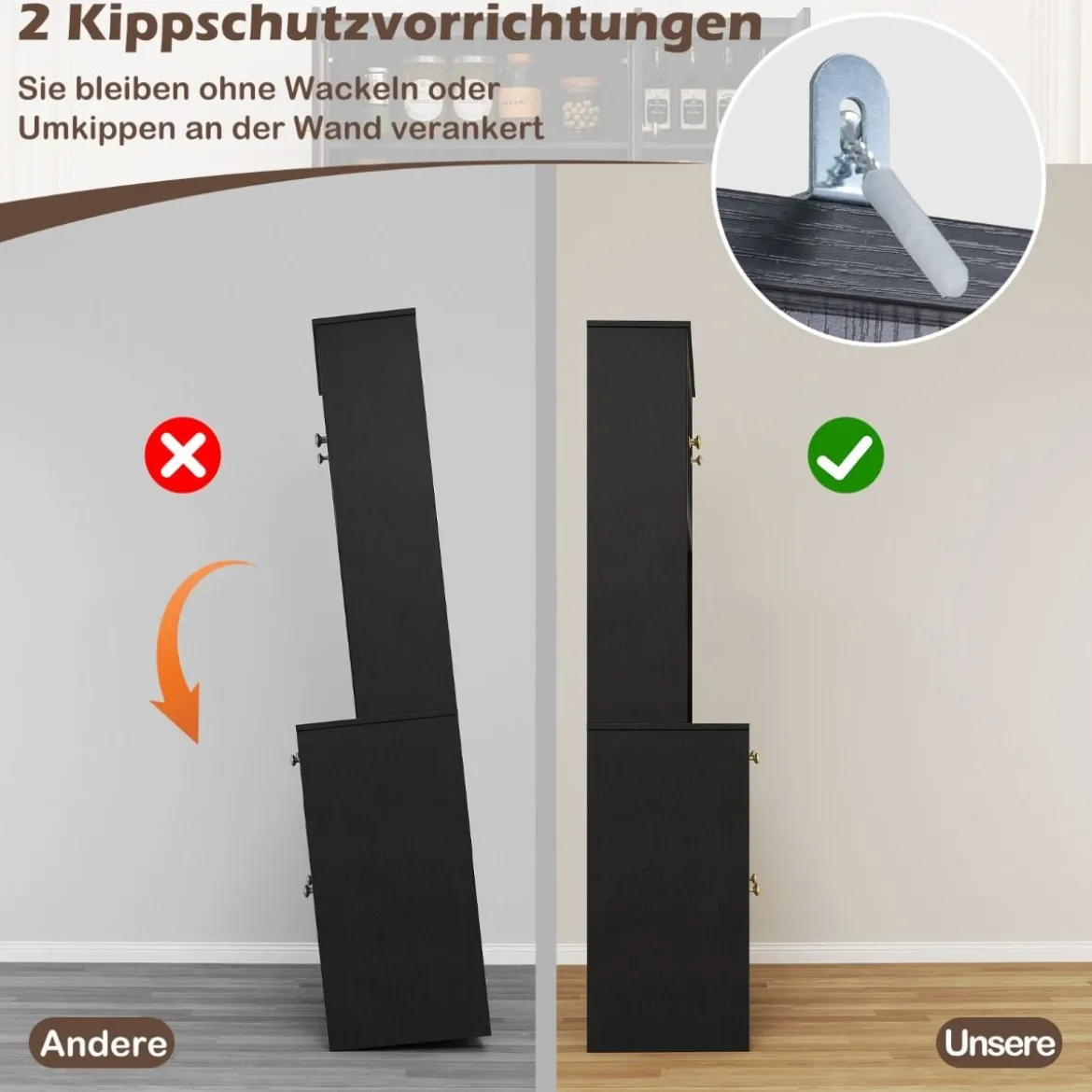 Holz Küchenschrank mit Rattantüren & 2 Steckdosen & 2 USB-Anschlüssen Buffetschrank Schwarz