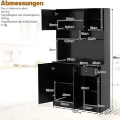 Holz Küchenschrank mit Steckdosen & USB-Anschlüsse & Type C Buffetschrank Hochschrank Schwarz