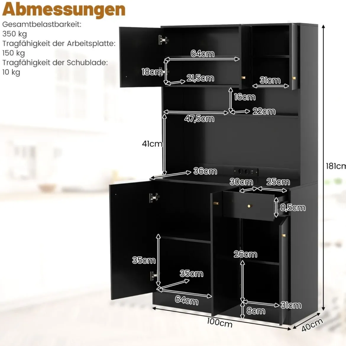 Holz Küchenschrank mit Steckdosen & USB-Anschlüsse & Type C Buffetschrank Hochschrank Schwarz