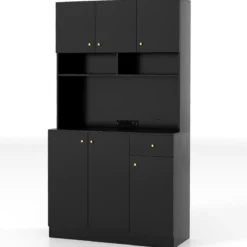 Holz Küchenschrank mit Steckdosen & USB-Anschlüsse & Type C Buffetschrank Hochschrank Schwarz