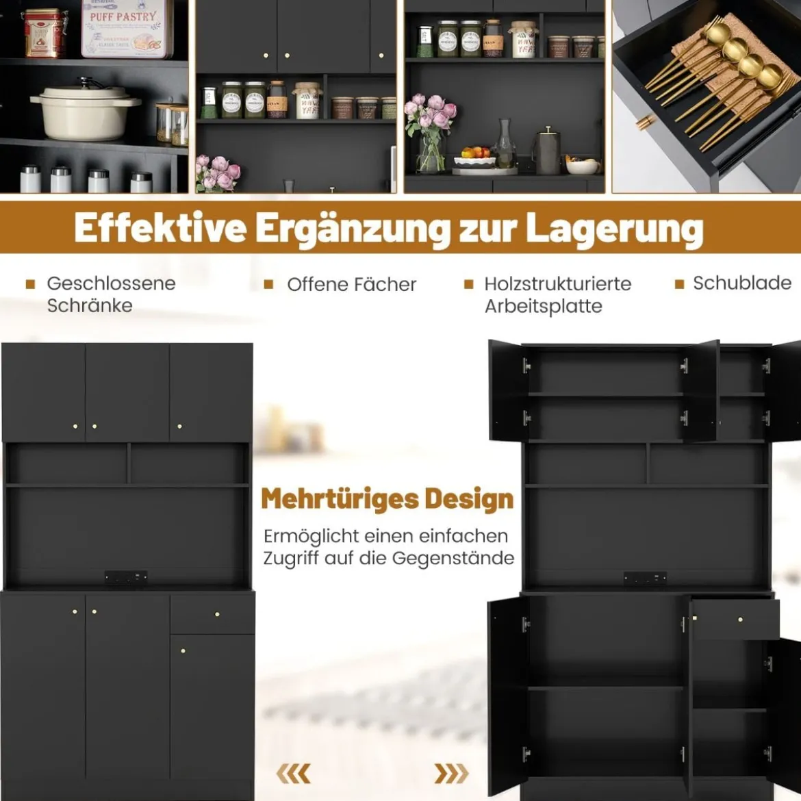 Holz Küchenschrank mit Steckdosen & USB-Anschlüsse & Type C Buffetschrank Hochschrank Schwarz
