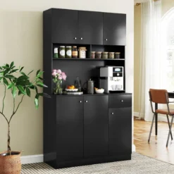 Holz Küchenschrank mit Steckdosen & USB-Anschlüsse & Type C Buffetschrank Hochschrank Schwarz