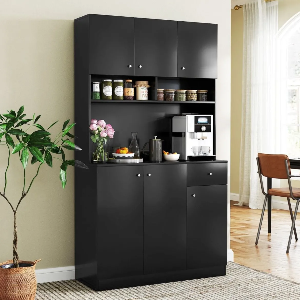 Holz Küchenschrank mit Steckdosen & USB-Anschlüsse & Type C Buffetschrank Hochschrank Schwarz