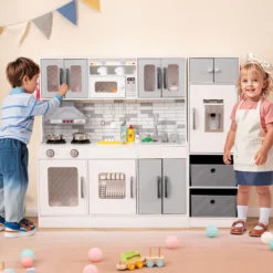 Holz-Küchenspielset mit Licht & Sound große modulare Spielküche und Kühlschrank Grau
