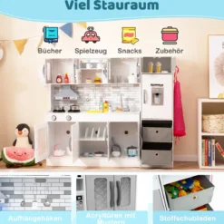 Holz-Küchenspielset mit Licht & Sound große modulare Spielküche und Kühlschrank Grau