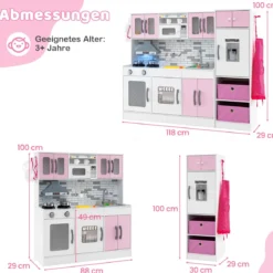 Holz-Küchenspielset mit Licht & Sound große modulare Spielküche und Kühlschrank Rosa