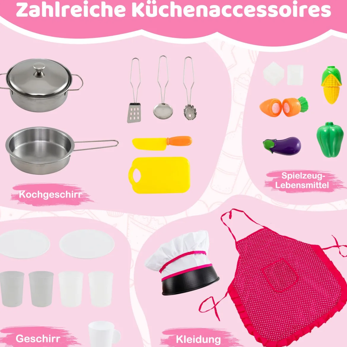 Holz-Küchenspielset mit Licht & Sound große modulare Spielküche und Kühlschrank Rosa