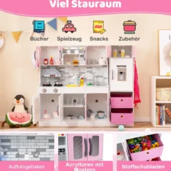 Holz-Küchenspielset mit Licht & Sound große modulare Spielküche und Kühlschrank Rosa