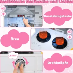 Holz-Küchenspielset mit Licht & Sound große modulare Spielküche und Kühlschrank Rosa