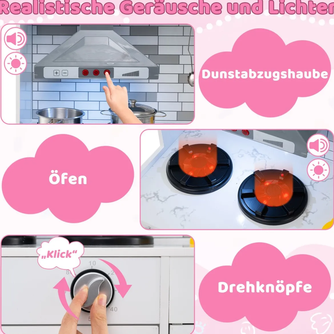 Holz-Küchenspielset mit Licht & Sound große modulare Spielküche und Kühlschrank Rosa