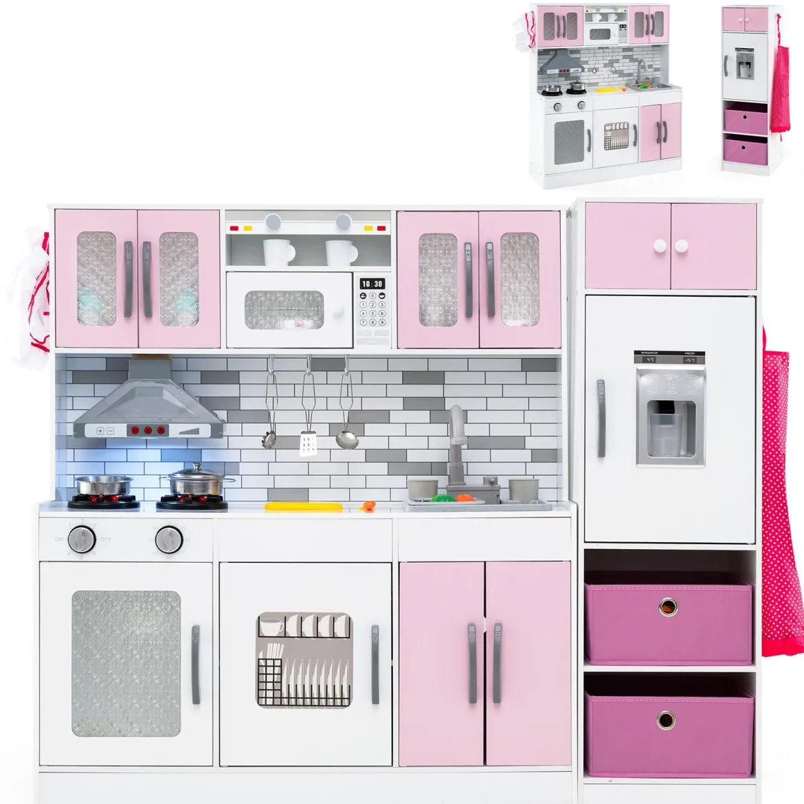 Holz-Küchenspielset mit Licht & Sound große modulare Spielküche und Kühlschrank Rosa