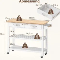 Holz Küchenwagen mit Arbeitsplatte & 2 Schubladen & 2 Offenen Regalen Küchenschrank Weiß