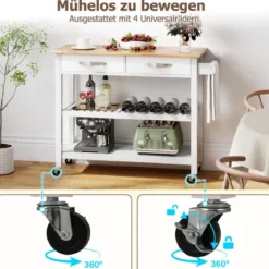 Holz Küchenwagen mit Arbeitsplatte & 2 Schubladen & 2 Offenen Regalen Küchenschrank Weiß