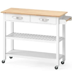 Holz Küchenwagen mit Arbeitsplatte & 2 Schubladen & 2 Offenen Regalen Küchenschrank Weiß