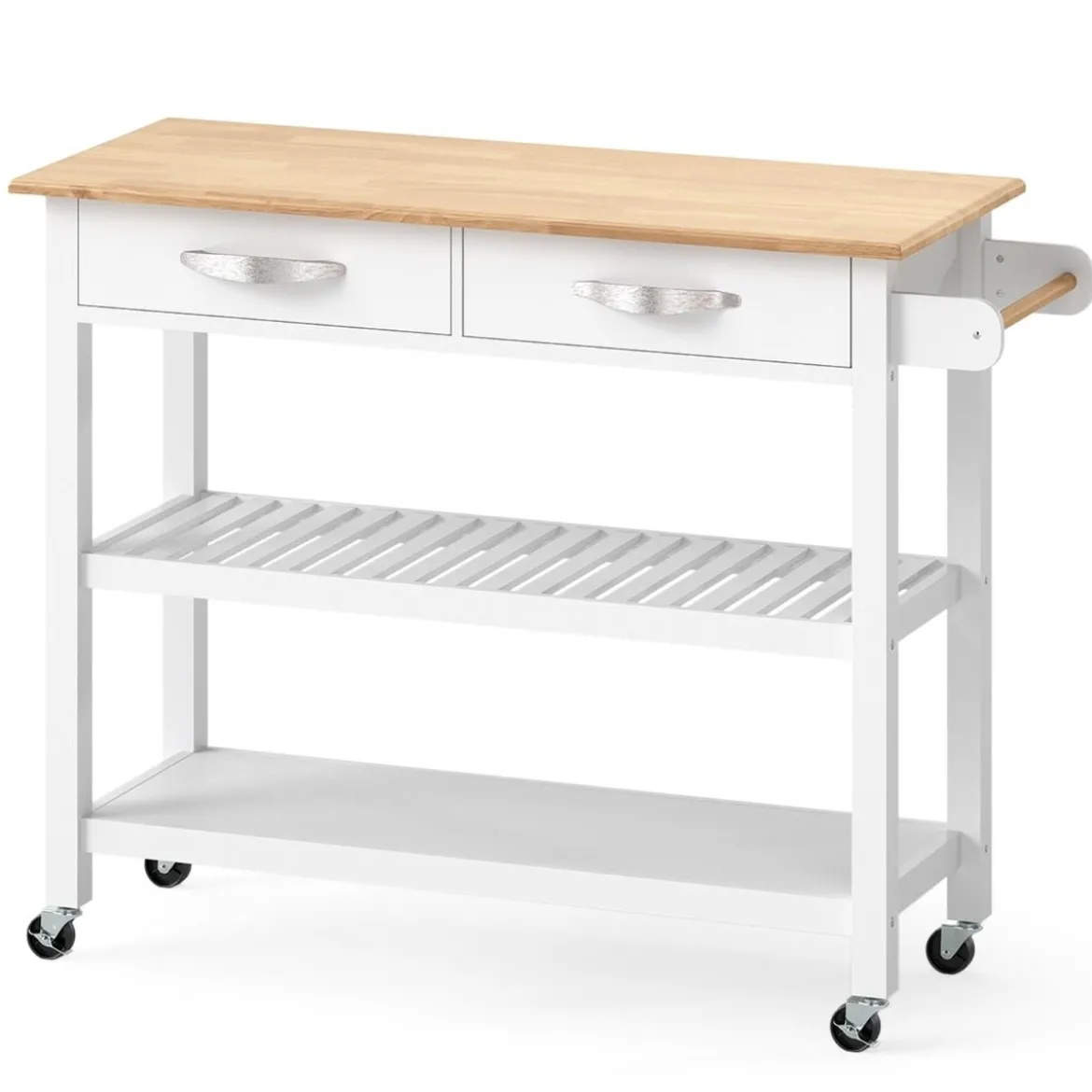 Holz Küchenwagen mit Arbeitsplatte & 2 Schubladen & 2 Offenen Regalen Küchenschrank Weiß