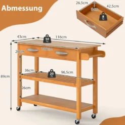 Holz Küchenwagen mit Arbeitsplatte & 2 Schubladen & 2 offenen Regalen & Küchenschrank Natur