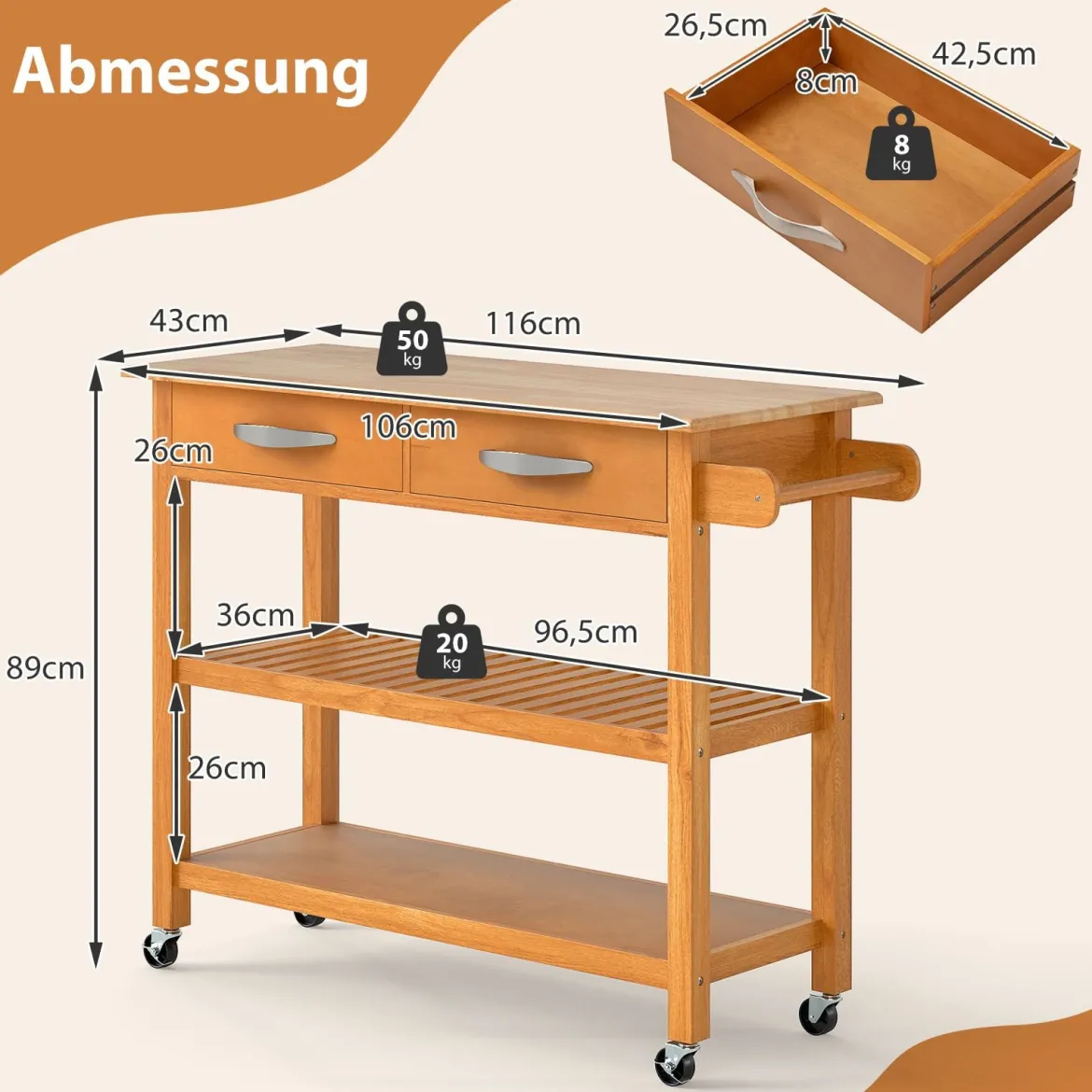 Holz Küchenwagen mit Arbeitsplatte & 2 Schubladen & 2 offenen Regalen & Küchenschrank Natur