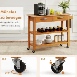 Holz Küchenwagen mit Arbeitsplatte & 2 Schubladen & 2 offenen Regalen & Küchenschrank Natur