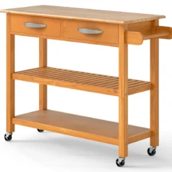 Holz Küchenwagen mit Arbeitsplatte & 2 Schubladen & 2 offenen Regalen & Küchenschrank Natur