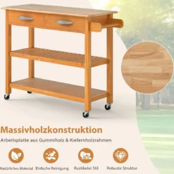 Holz Küchenwagen mit Arbeitsplatte & 2 Schubladen & 2 offenen Regalen & Küchenschrank Natur