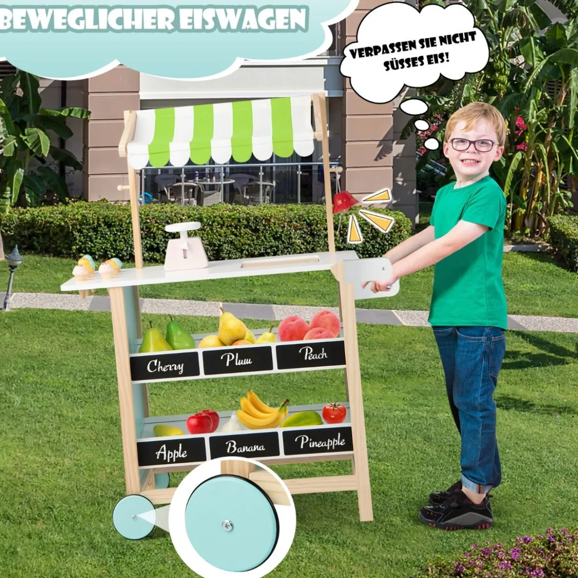 Holz Kinder Eiswagen mit 6 Eiscreme & 2 Ablagen & Waage & Glocke Kaufladen Grün