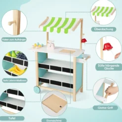 Holz Kinder Eiswagen mit 6 Eiscreme & 2 Ablagen & Waage & Glocke Kaufladen Grün