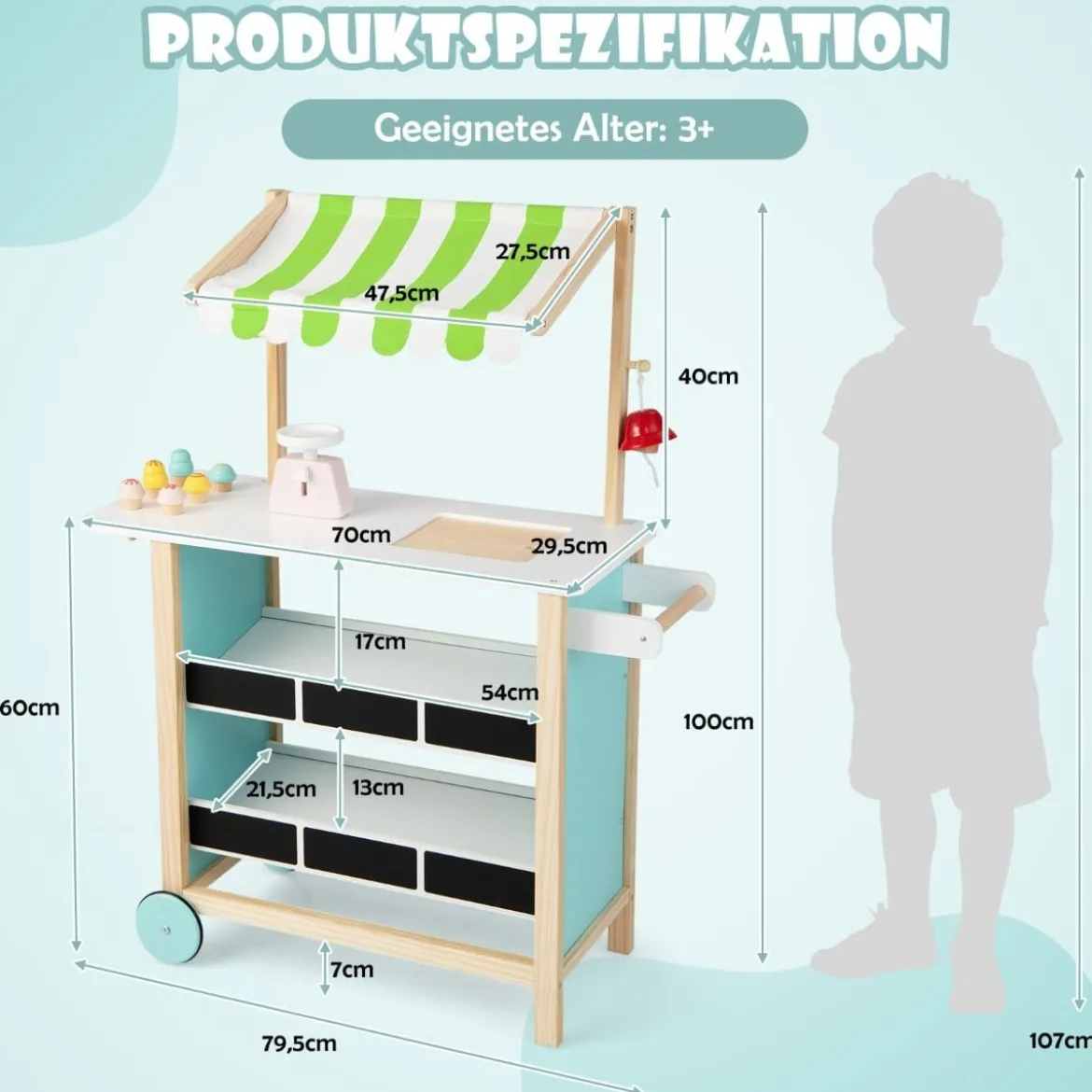 Holz Kinder Eiswagen mit 6 Eiscreme & 2 Ablagen & Waage & Glocke Kaufladen Grün