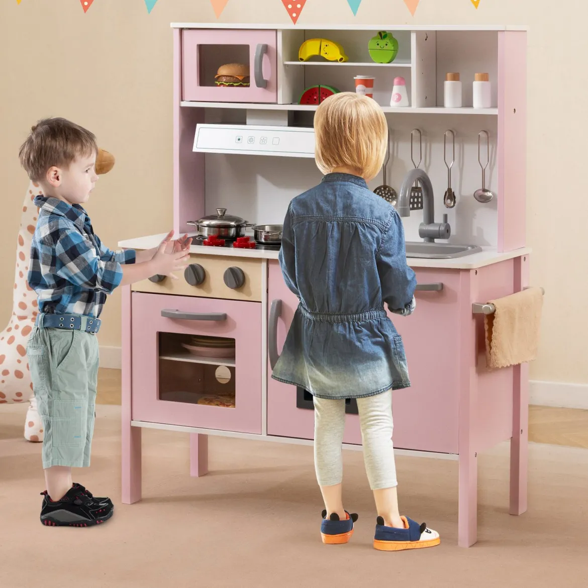 Holz Kinderküche inkl. 18 Zubehör Spielküche mit Spüle & Mikrowelle Spielzeugküche