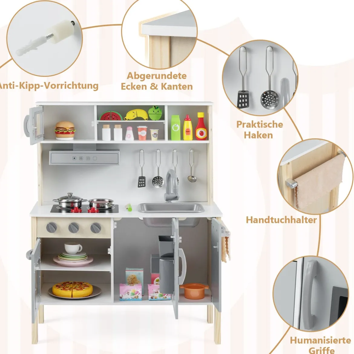 Holz Kinderküche inkl. 18 Zubehör Spielküche mit Spüle & Mikrowelle Spielzeugküche